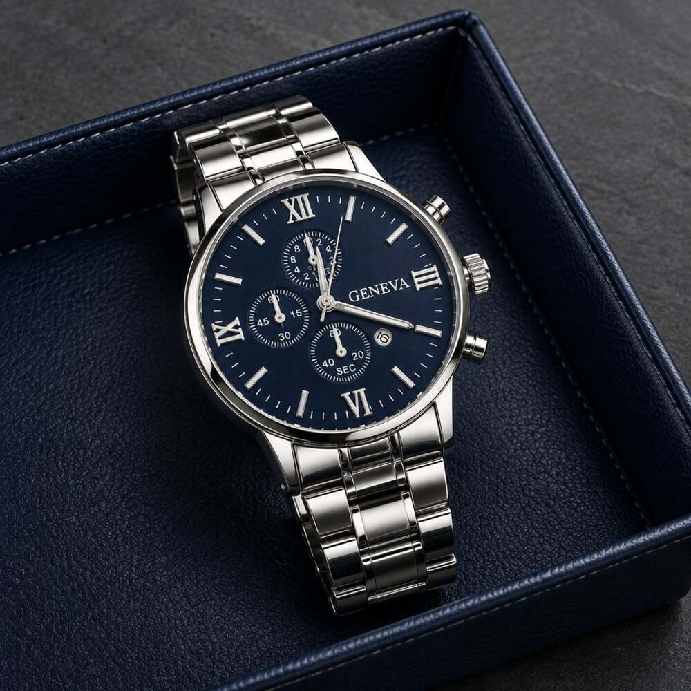 Geneva Quartz Timepiece Blue Dial Silver Steel Band Calendar
